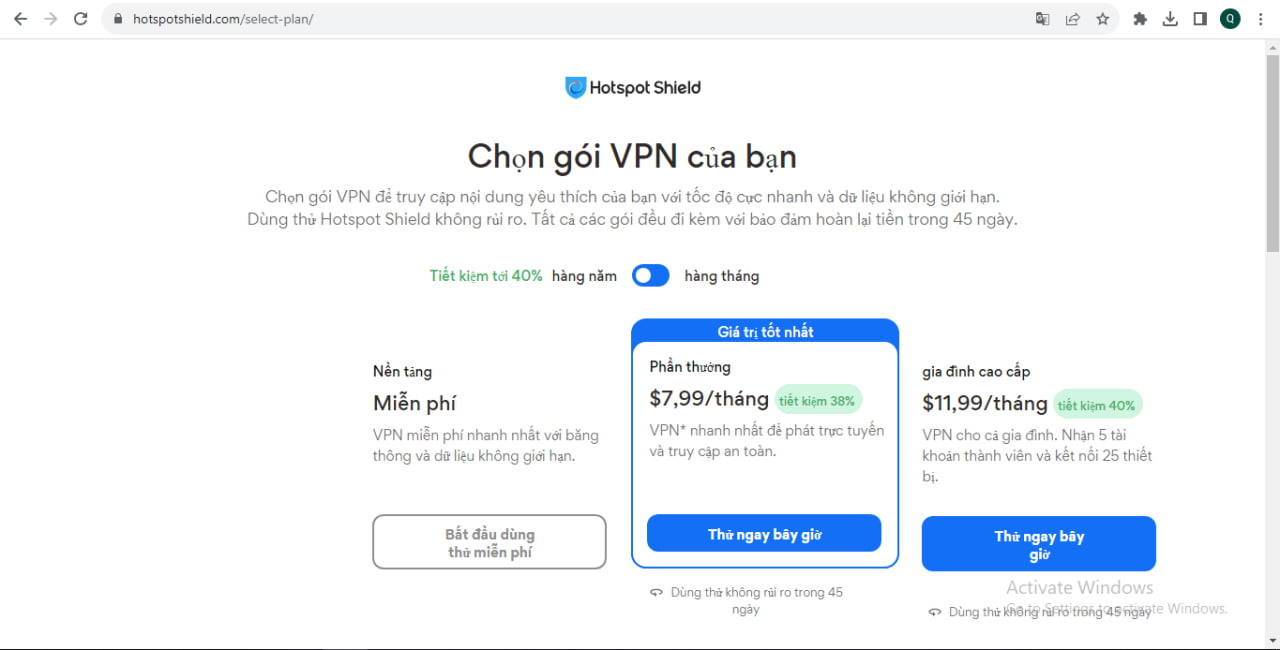 Các gói dịch vụ trả phí và miễn phí của Hotspot Shield hiện nay cung cấp