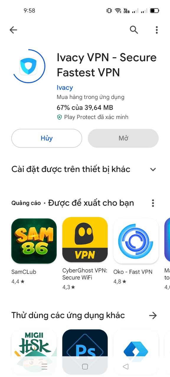 Cài đặt ứng dụng về máy điện thoại, cài đặt IvacyVPN về di động