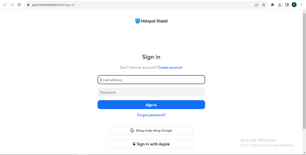 Đăng nhập tài khoản hotspot shield bằng emaij cá nhân