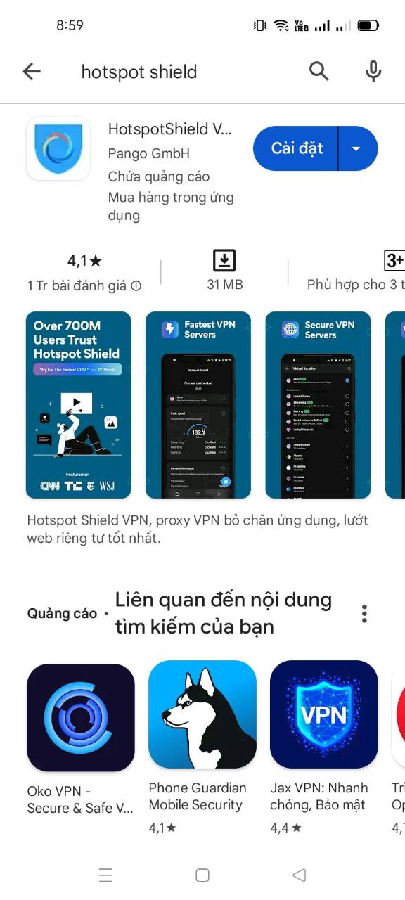 Tìm kiếm từ khóa "Hotspot Shield" trên cửa hàng ứng dụng của Andoid