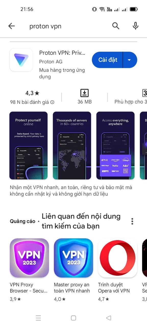 tìm kiếm ứng dụng ProtonVPN cho điện thoại