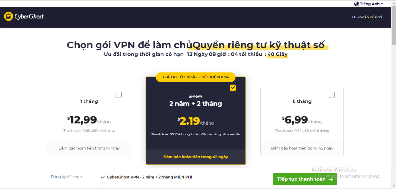 Lựa chọn gói dịch vụ của Zenmate và Cyber Ghost cung cấp hiện nay