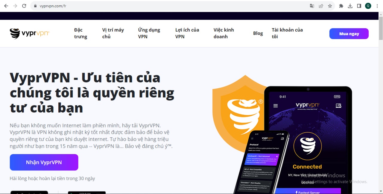 Trang web chính thức của VyprVPN hiện nay, trang dịch vụ VyprVPN